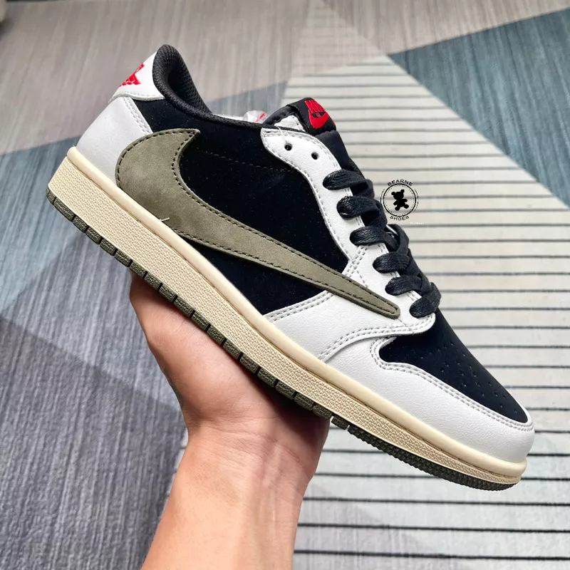 Giày Thể Thao Nam Nữ Travis Scott x Air Jordan 1 Low "Olive" AJ1, JD1 Màu Trắng Kem Đen