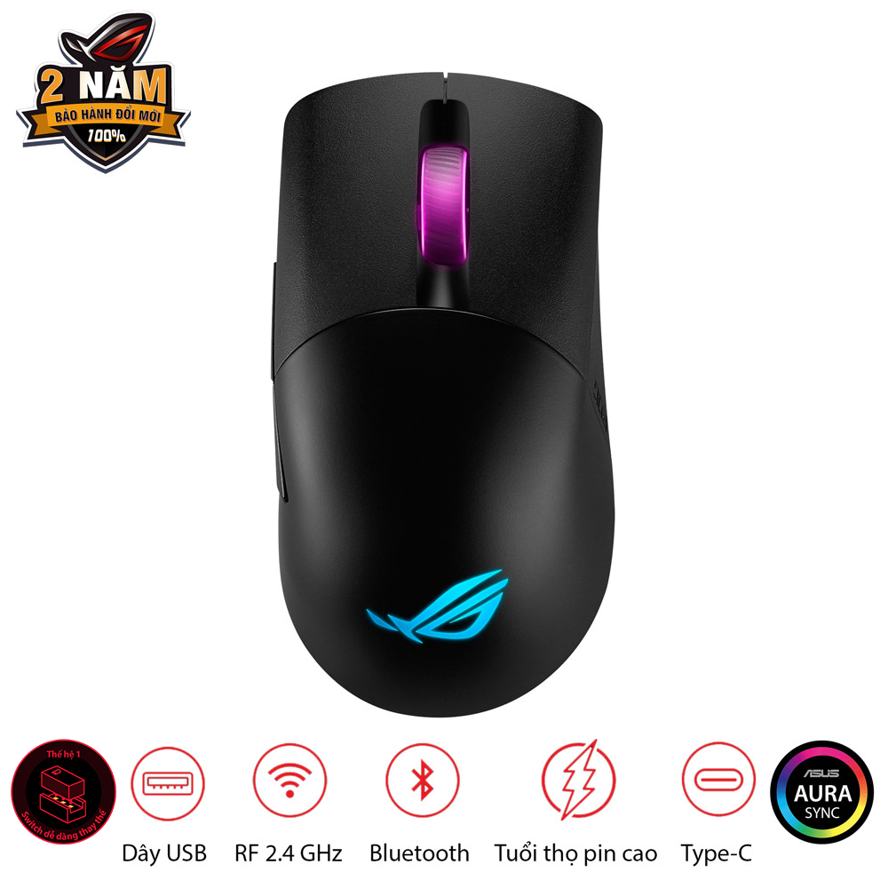 Chuột game không dây ROG KERIS Wireless, cảm biến ROG 16,000 dpi, switch dễ thay thế, feet chuột ROG Omni, Aura Sync