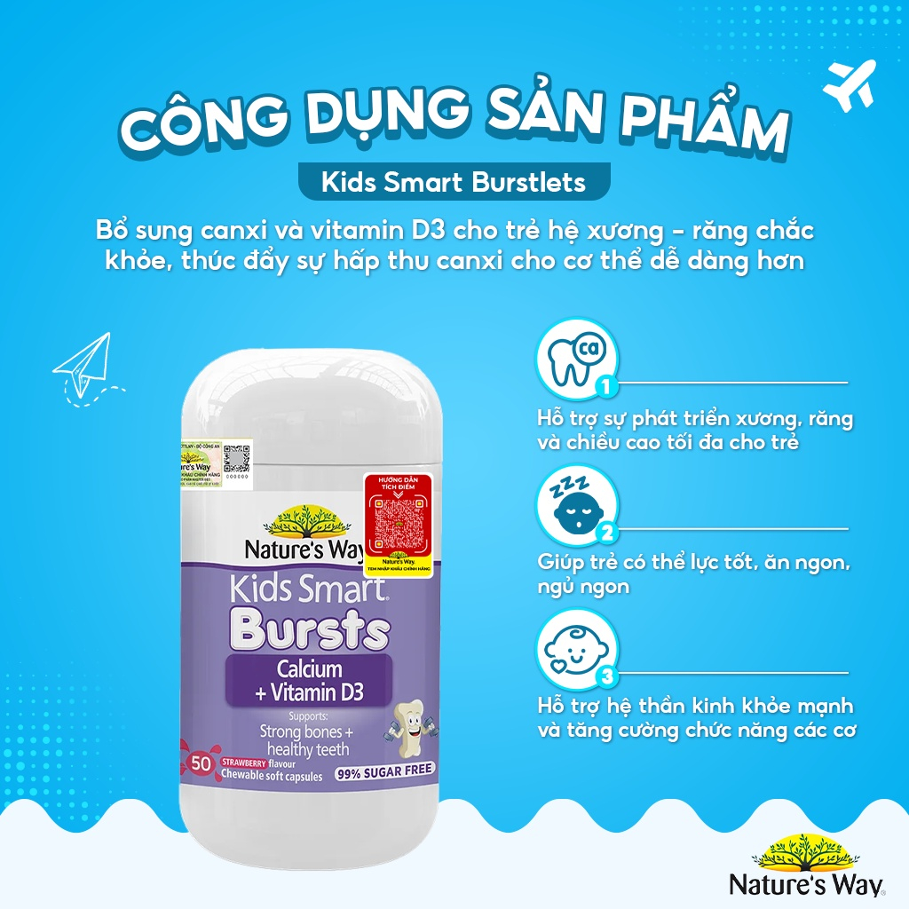 Viên Nhai Cho Bé Nature’s Way Kids Smart Calcium + Vitamin D3 Burstlets Bổ Sung Canxi Phát Triển Chiều Cao - Hộp 50 Viên