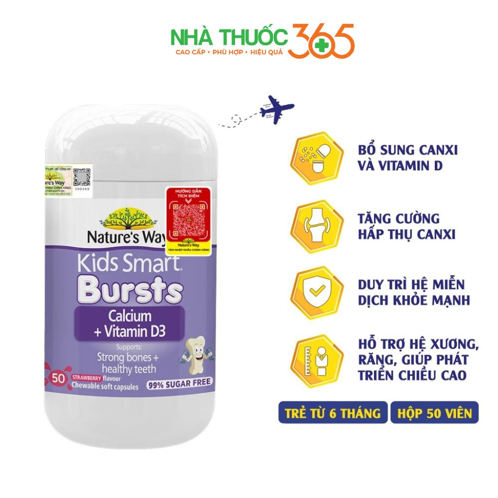 Viên Nhai Cho Bé Nature’s Way Kids Smart Calcium + Vitamin D3 Burstlets Bổ Sung Canxi Phát Triển Chiều Cao - Hộp 50 Viên