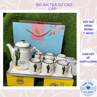 Bộ ấm trà sứ 6 chén cao cấp KÈM KHAY họa tiết xương rồng, hoa cúc, hoa đào mẫu mới kèm hộp đựng xịn xò mang đi tặng quà