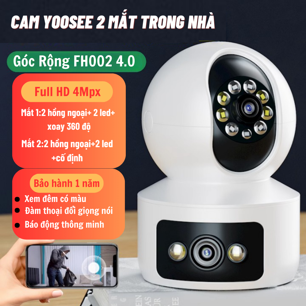 Camera wifi yoosee 2 mắt góc rộng FH002 4.0, Ban đêm có màu, Cảnh báo chuyển động, Xoay 360 độ