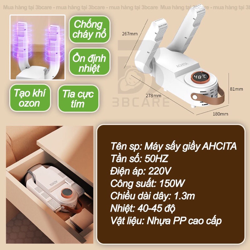 Máy sấy giày ACHITA M47 khí nóng 3 chiều 360 độ khô siêu nhanh máy khử mùi dày