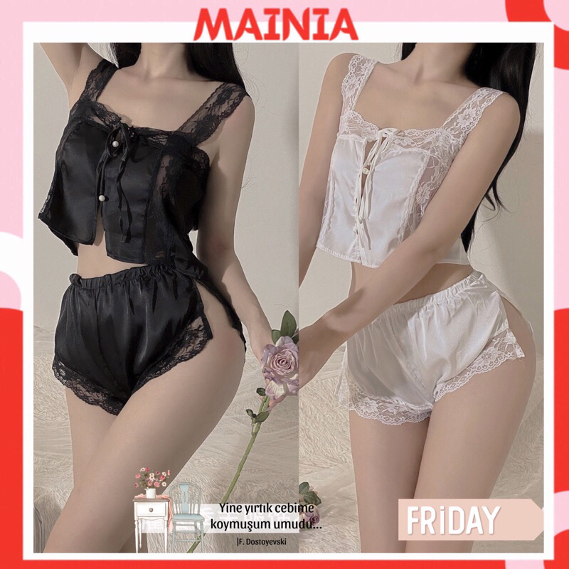Đồ Ngủ, Đồ Bộ, Set Áo 2 Dây Nút Ngọc Quần Đùi Lụa Satin Xẻ Đùi Siêu Cưng Mainia Shop