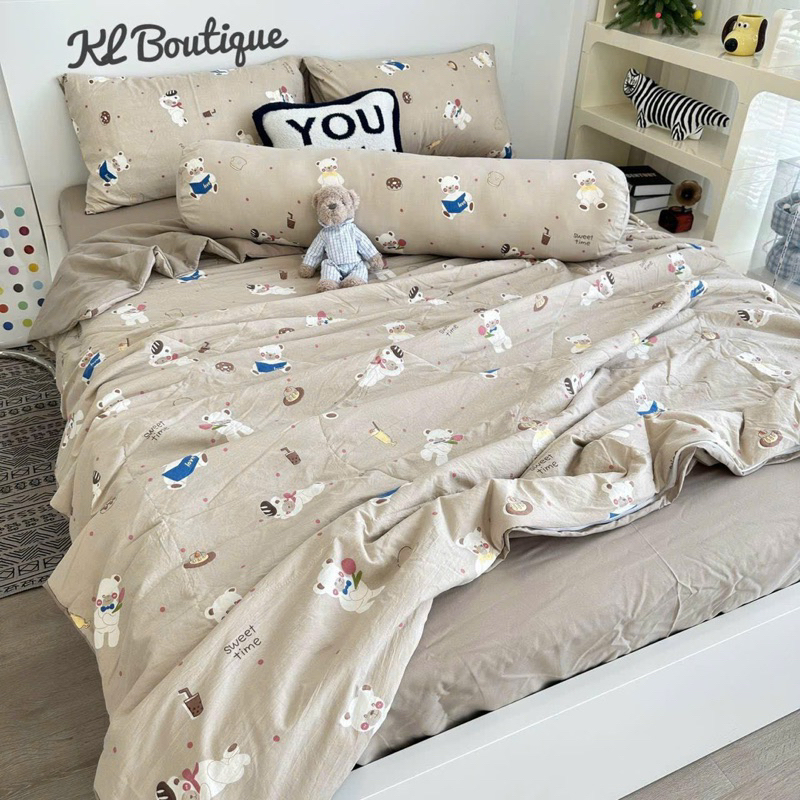 Bộ Chăn Ga Gối Cotton Đũi 5 món chăn chần bông Xơ Đậu Nành Cotton Đũi Hàn Quốc