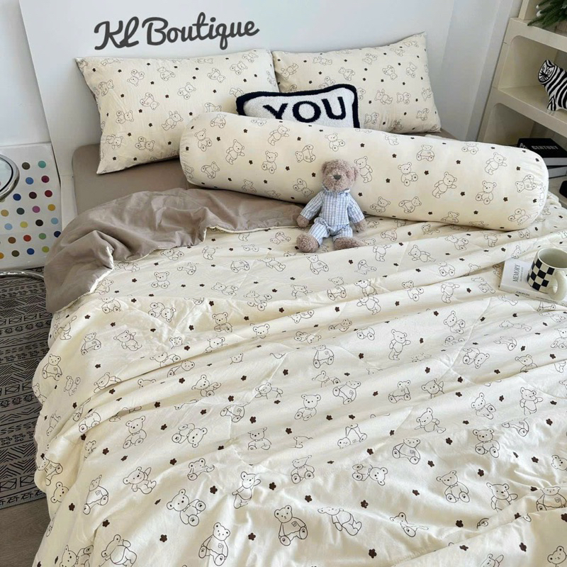 Bộ Chăn Ga Gối Cotton Đũi 5 món chăn chần bông Xơ Đậu Nành Cotton Đũi Hàn Quốc