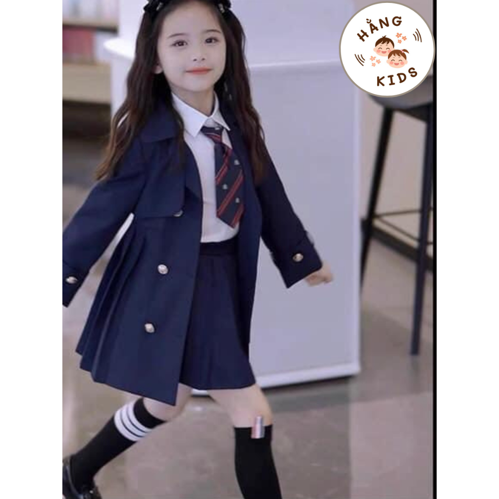 SET 4 chi tiết: áo măng tô, áo sơ mi, váy, cà vạt 2 màu cho bé đi chơi, đi học cá tính