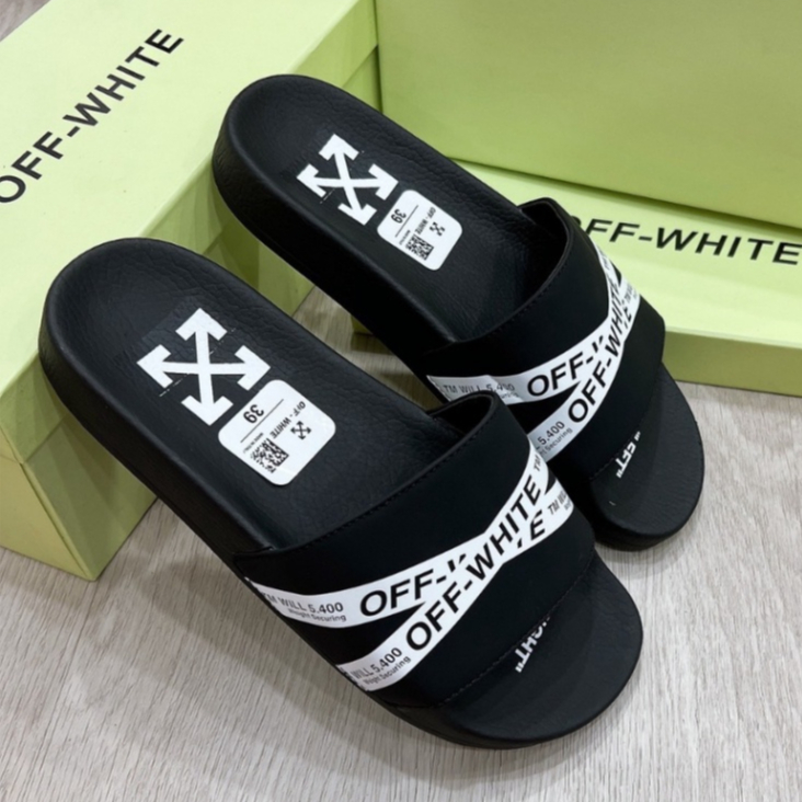 Dép nam quai ngang OFF WHITE iN dây chéo SÀNH ĐIỆU 2 MÀU TRẮNG ĐEN