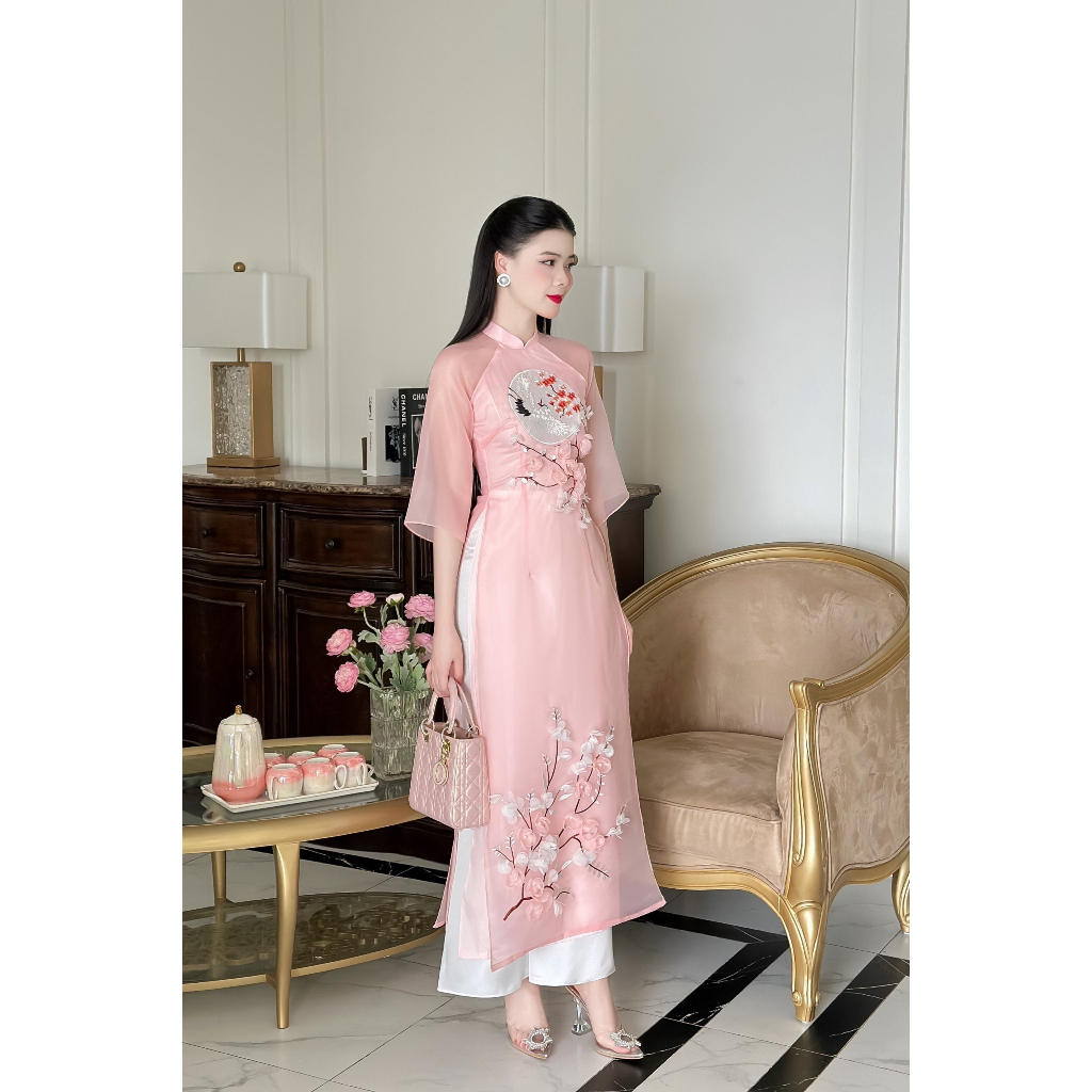 Áo dài cách tân Uyển Đào vải tơ Organza đính kết cao cấp giá xưởng