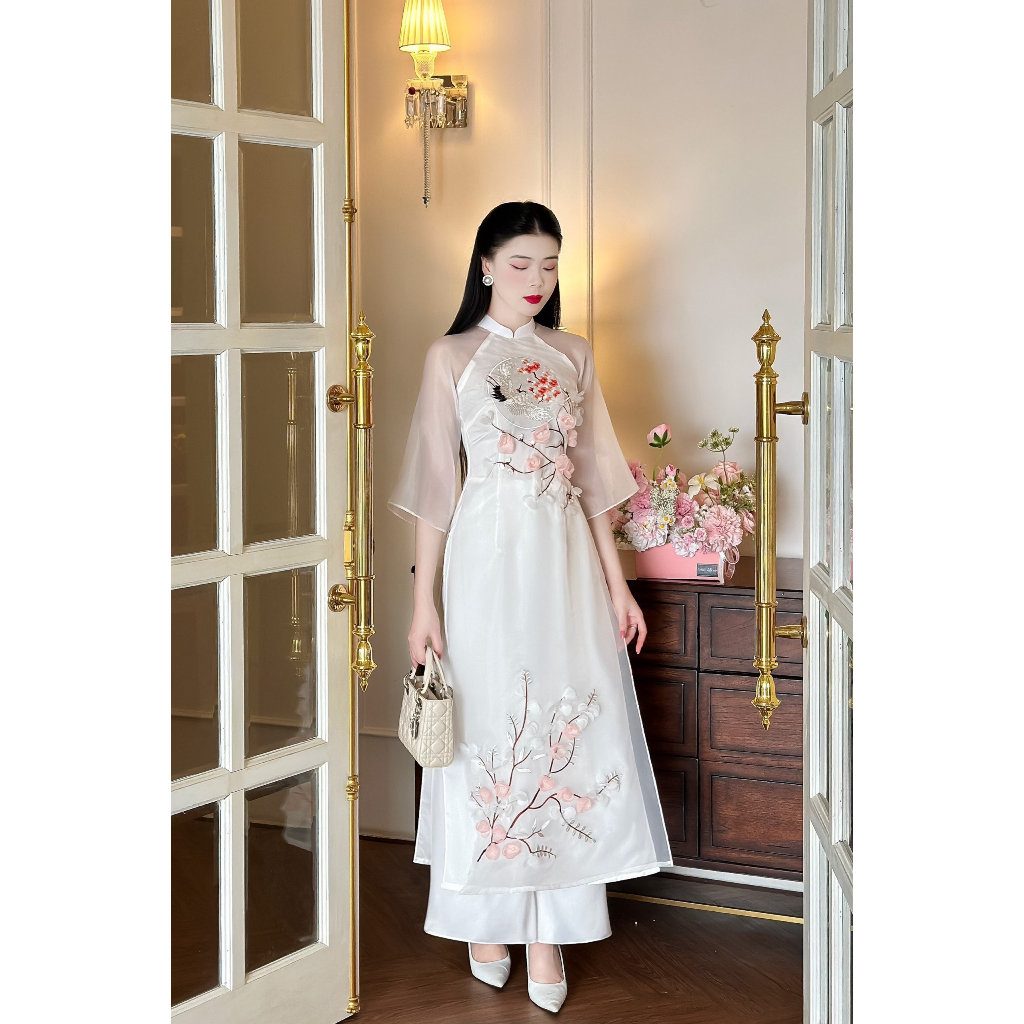 Áo dài cách tân Uyển Đào vải tơ Organza đính kết cao cấp giá xưởng