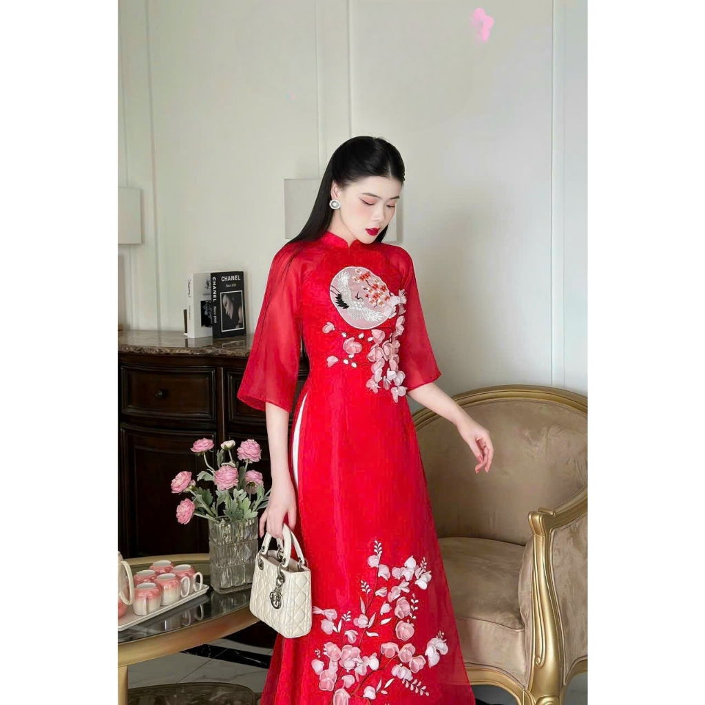 Áo dài cách tân Uyển Đào vải tơ Organza đính kết cao cấp giá xưởng