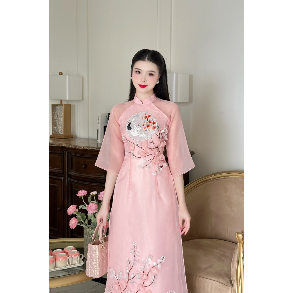 Áo dài cách tân Uyển Đào vải tơ Organza đính kết cao cấp giá xưởng