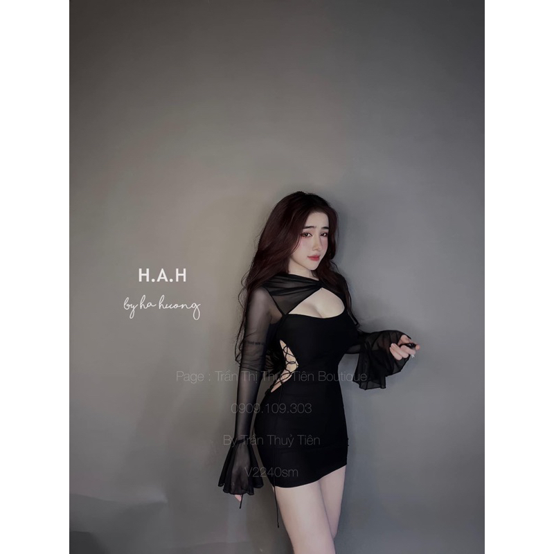 Váy body lưới đan dây eo tay loe tôn dáng