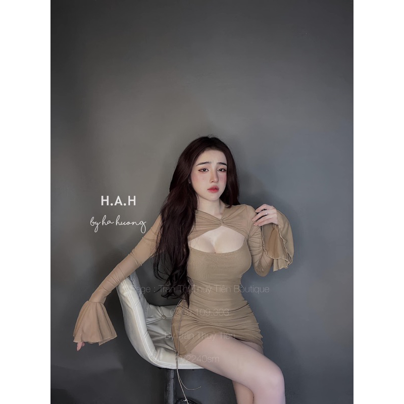 Váy body lưới đan dây eo tay loe tôn dáng