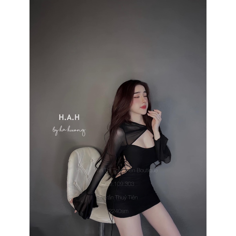 Váy body lưới đan dây eo tay loe tôn dáng