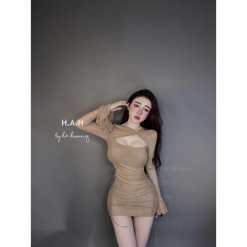 Váy body lưới đan dây eo tay loe tôn dáng