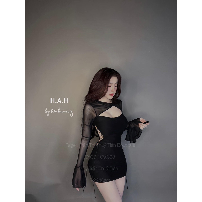 Váy body lưới đan dây eo tay loe tôn dáng