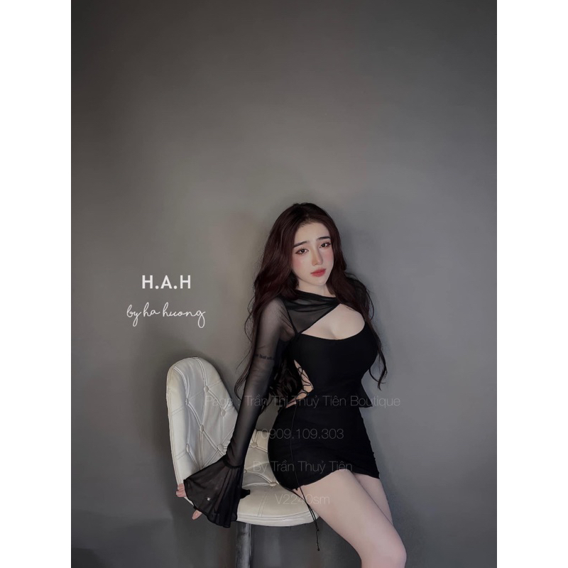 Váy body lưới đan dây eo tay loe tôn dáng