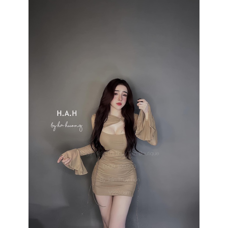 Váy body lưới đan dây eo tay loe tôn dáng