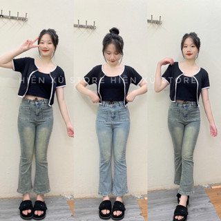 (90cm nấm lùn) Quần jeans loe 9 tấc màu xanh bụi và xanh bạc cạp cao co dãn