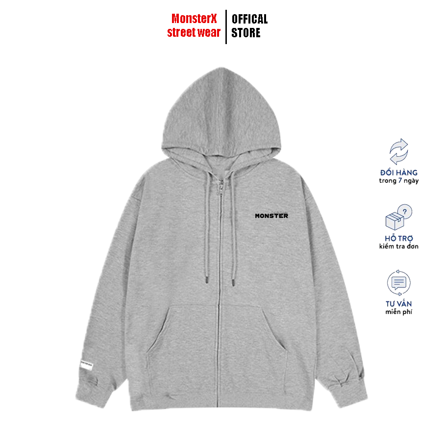 Áo Hoodie Zip Brand in ngực MONSTER X STREET Khoác Nỉ Mũ Kéo Khóa Basic Nỉ Bông Cotton Unisex nam nữ Local Brand