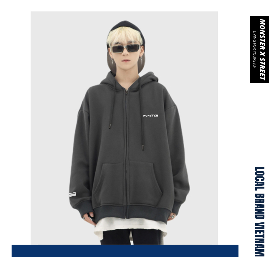 Áo Hoodie Zip Brand in ngực MONSTER X STREET Khoác Nỉ Mũ Kéo Khóa Basic Nỉ Bông Cotton Unisex nam nữ Local Brand