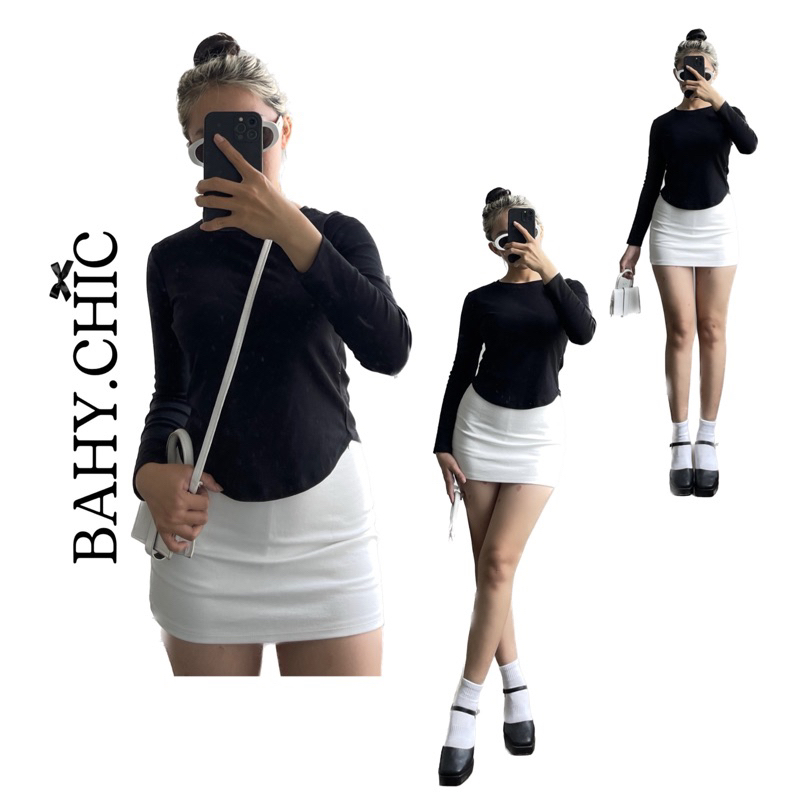 Áo croptop tay dài, vạt bầu cổ tròn trơn