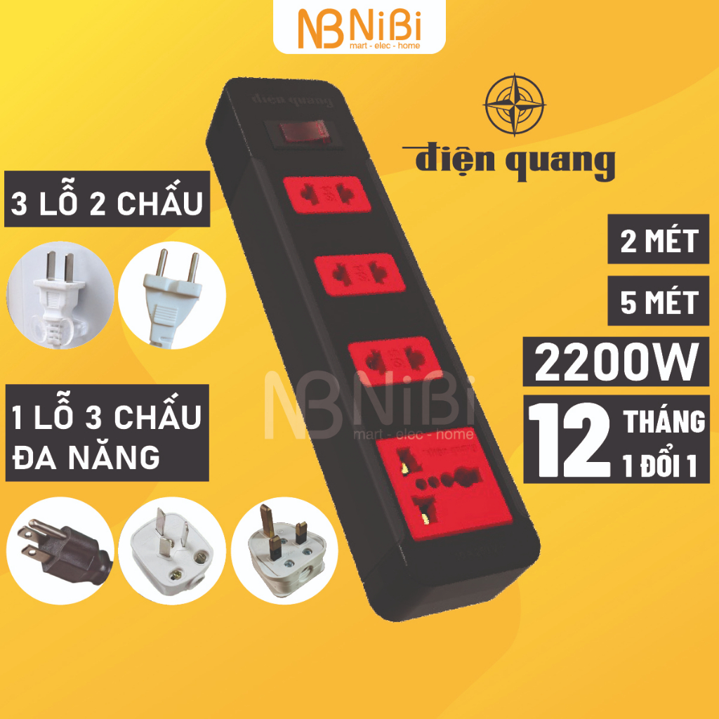 Ổ cắm Điện Quang 4 lỗ Chịu tải cao 2200W, Ổ cắm điện đa năng 2M/5M ESK 4BR, Bảo hành 12 tháng