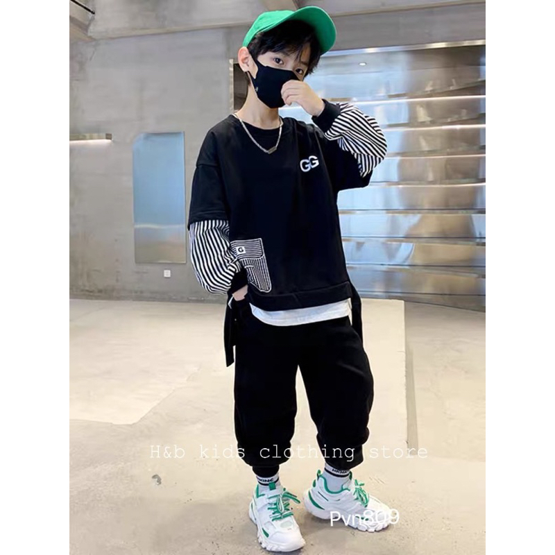 Bộ thu đông bé trai, set bộ quần áo da cá dài tay thêu chữ GG chất chơi cho bé 10-30kg