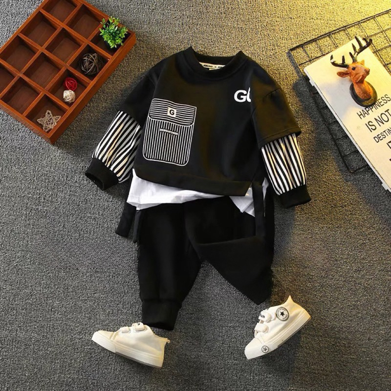 Bộ thu đông bé trai, set bộ quần áo da cá dài tay thêu chữ GG chất chơi cho bé 10-30kg