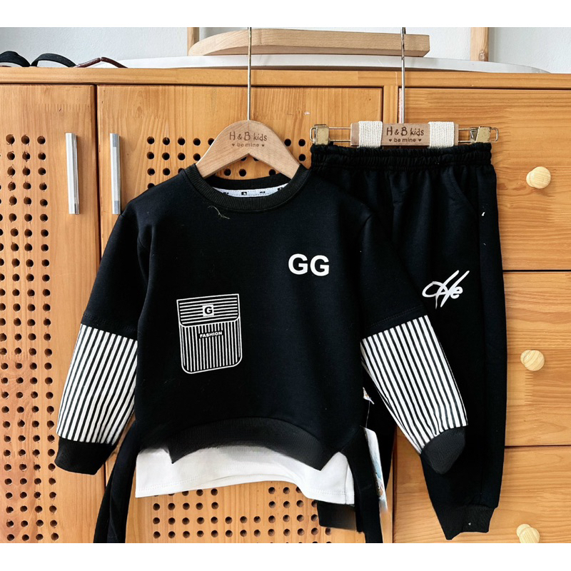 Bộ thu đông bé trai, set bộ quần áo da cá dài tay thêu chữ GG chất chơi cho bé 10-30kg