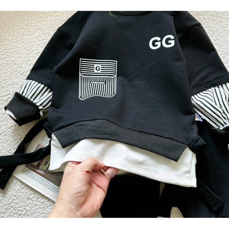 Bộ thu đông bé trai, set bộ quần áo da cá dài tay thêu chữ GG chất chơi cho bé 10-30kg