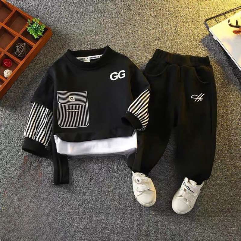 Bộ thu đông bé trai, set bộ quần áo da cá dài tay thêu chữ GG chất chơi cho bé 10-30kg