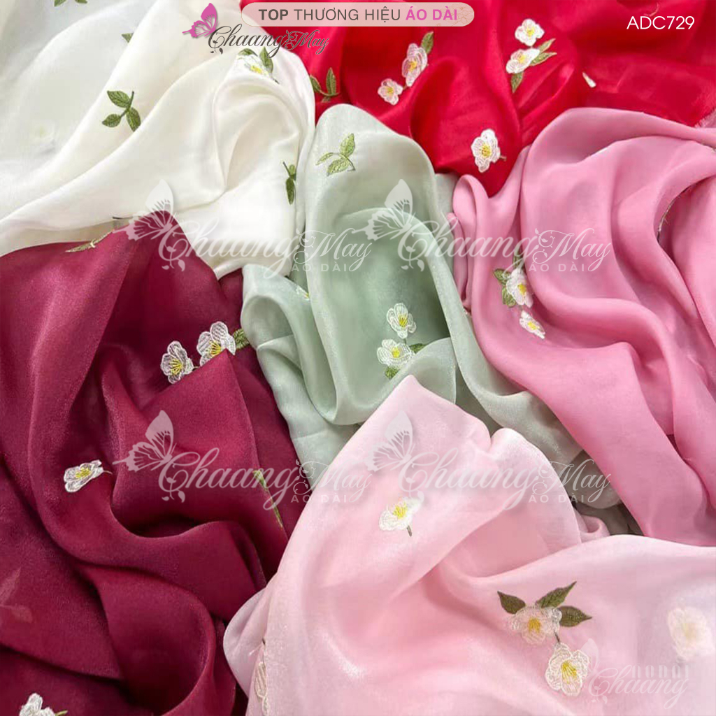 Áo dài thêu hoa nhí tiểu thư cách tân nữ Chaang may sẵn áo dài 4 tà lụa tơ kim sa đỏ hồng kem dự tiệc lễ tết đẹp ADC722