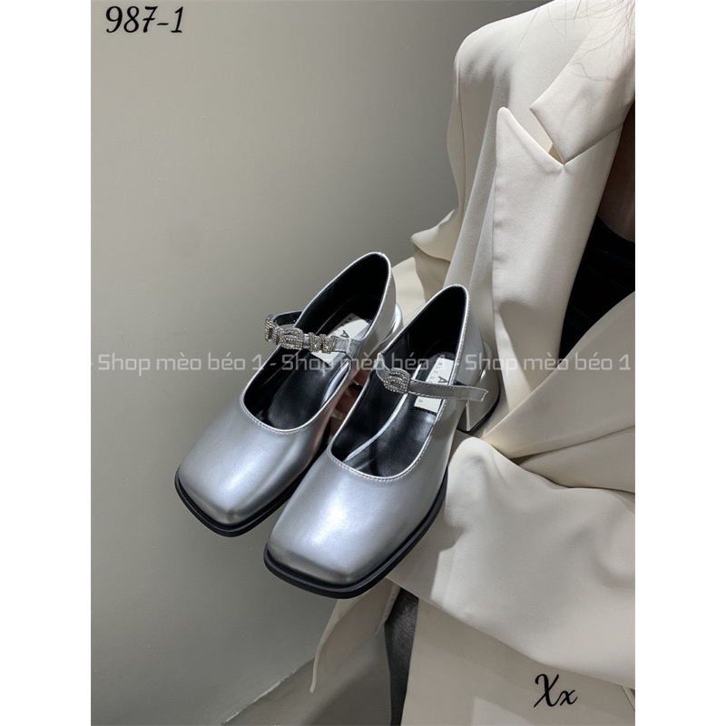 Giày búp bê quai ngang tag chữ đá gót vuông fullbox hàng quảng châu cao cấp