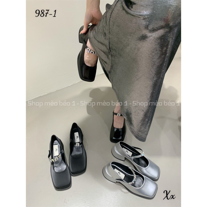 Giày búp bê quai ngang tag chữ đá gót vuông fullbox hàng quảng châu cao cấp