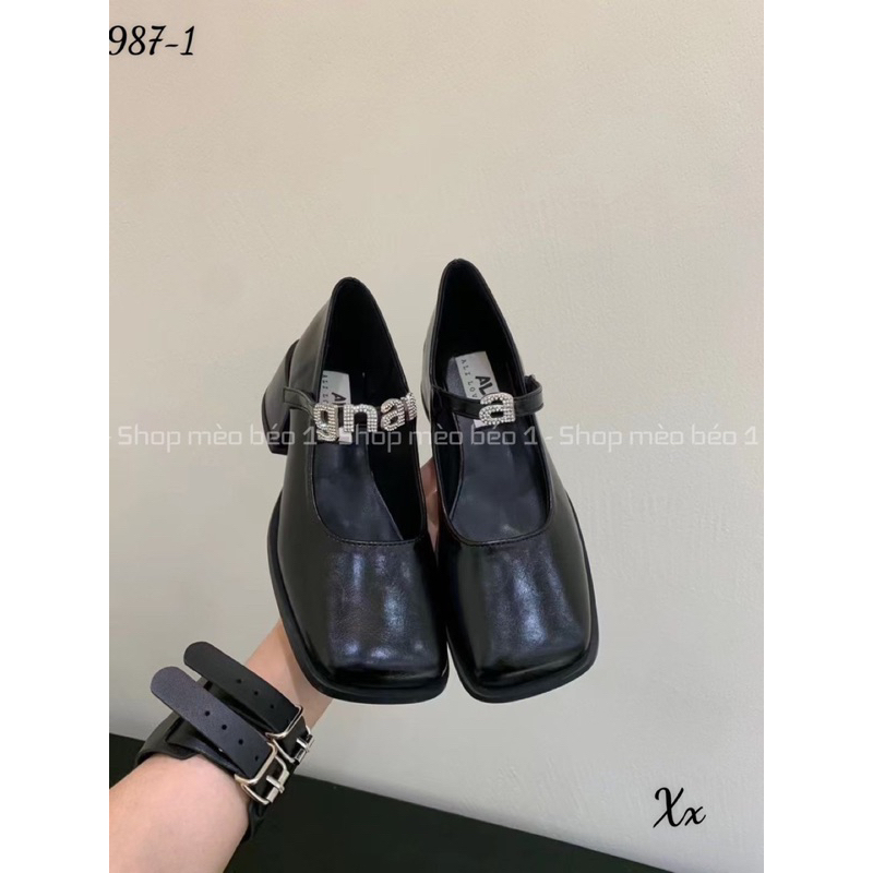 Giày búp bê quai ngang tag chữ đá gót vuông fullbox hàng quảng châu cao cấp