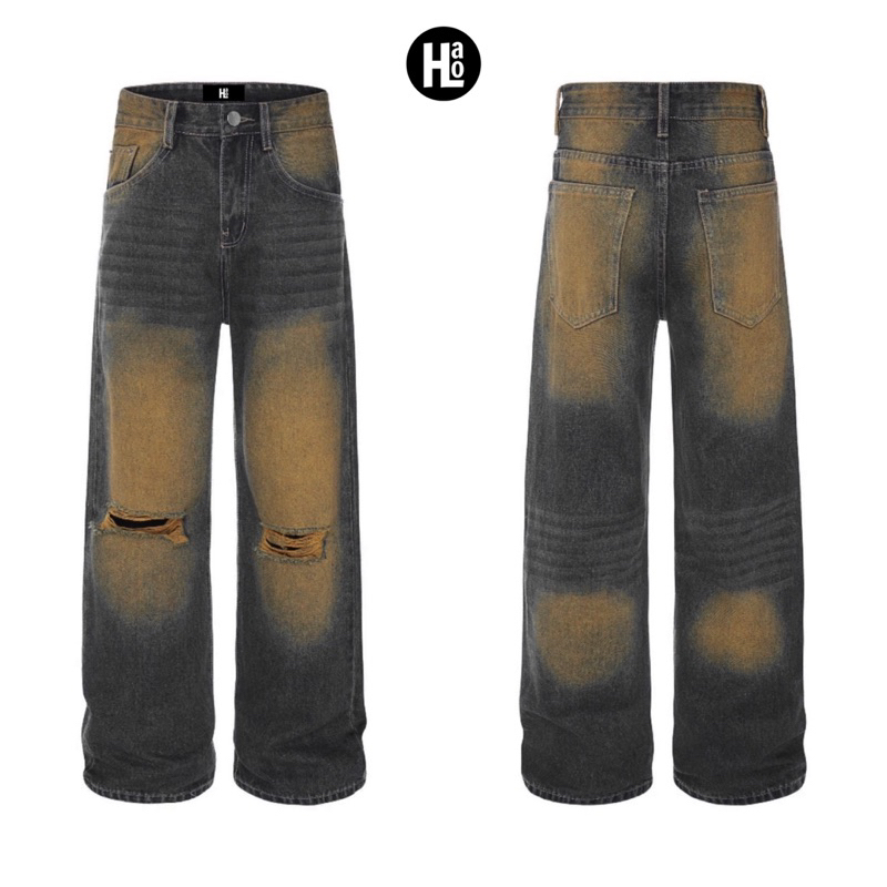 QUẦN JEANS BAGGY WASH NÂU VÀNG RÁCH/TRƠN [HÀNG CAO CẤP] - QUẦN JEANS WASH (NÂU VÀNG) ỐNG RỘNG PHỦ GÓT  - HALO KAKI | BigBuy360 - bigbuy360.vn