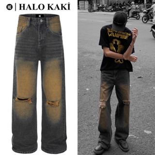 NÂU VÀNG RÁCH/TRƠN - QUẦN JEANS WASH (NÂU VÀNG) VINTAGE RÁCH GỐI ỐNG RỘNG PHỦ GÓT  - HALO KAKI - <ẢNH THẬT SHOP TỰ CHỤP>