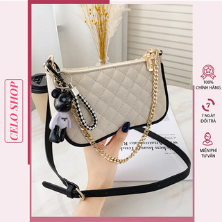 Túi xách nữ đeo chéo kẹp nách Celo Shop kèm móc gấu thời trang phối dây quai xích ngọc tiện ích