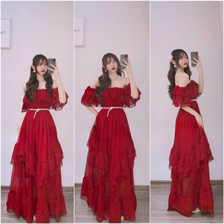 gv17- đầm maxi  bèo tầng bẹt vai