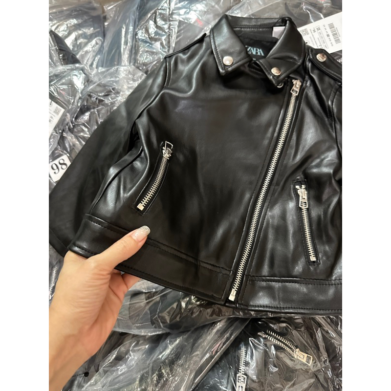 Áo khoác da bé trai bé gái đen khóa chéo