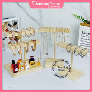 Giá treo trang sức dây chuyền vòng đeo tay đồng hồ bằng gỗ cao su tự nhiên hình chữ T kiểu chữ nhật