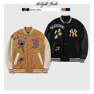 Áo varsity jacket MLB Yankess da PU họa tiết thêu nổi sắc nét chần bông, áo khoác bóng chày cao cấp TLS