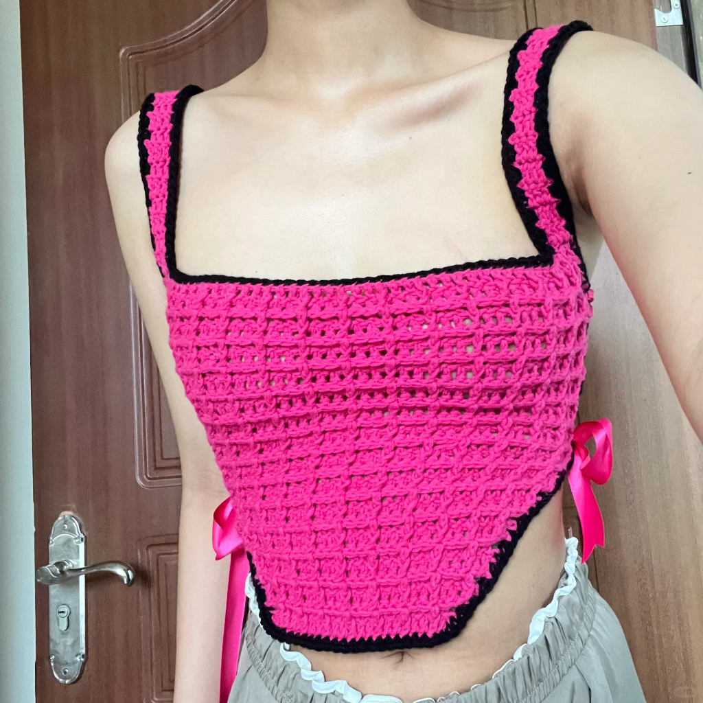 Áo corset sexy hai dây ribbon len móc hiệu ứng waffle handmade trendy - phù hợp hè thu cực cháy 🔥