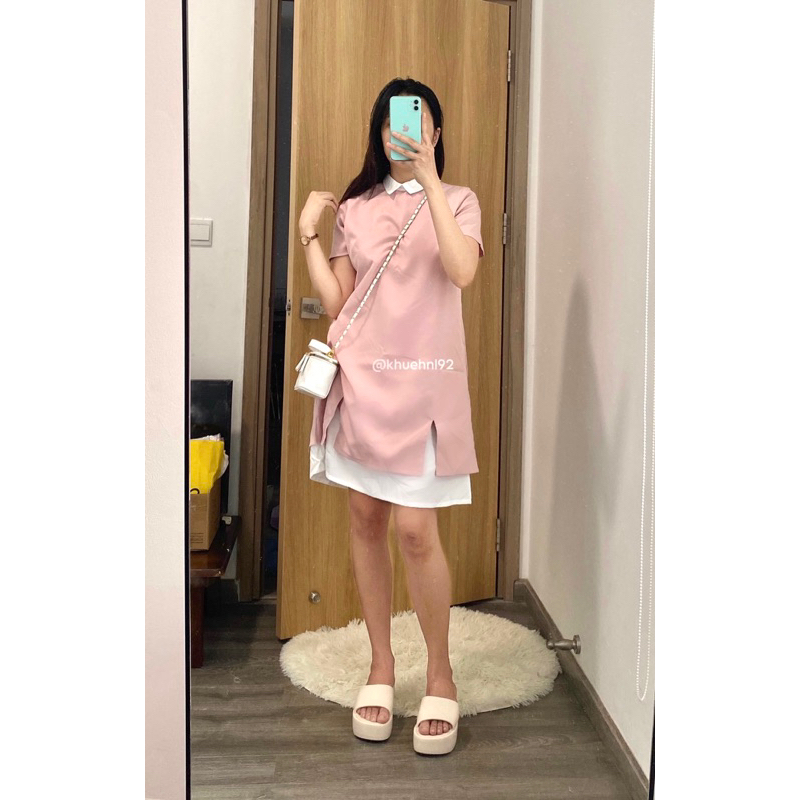 Đầm cổ sen hồng phấn form suông