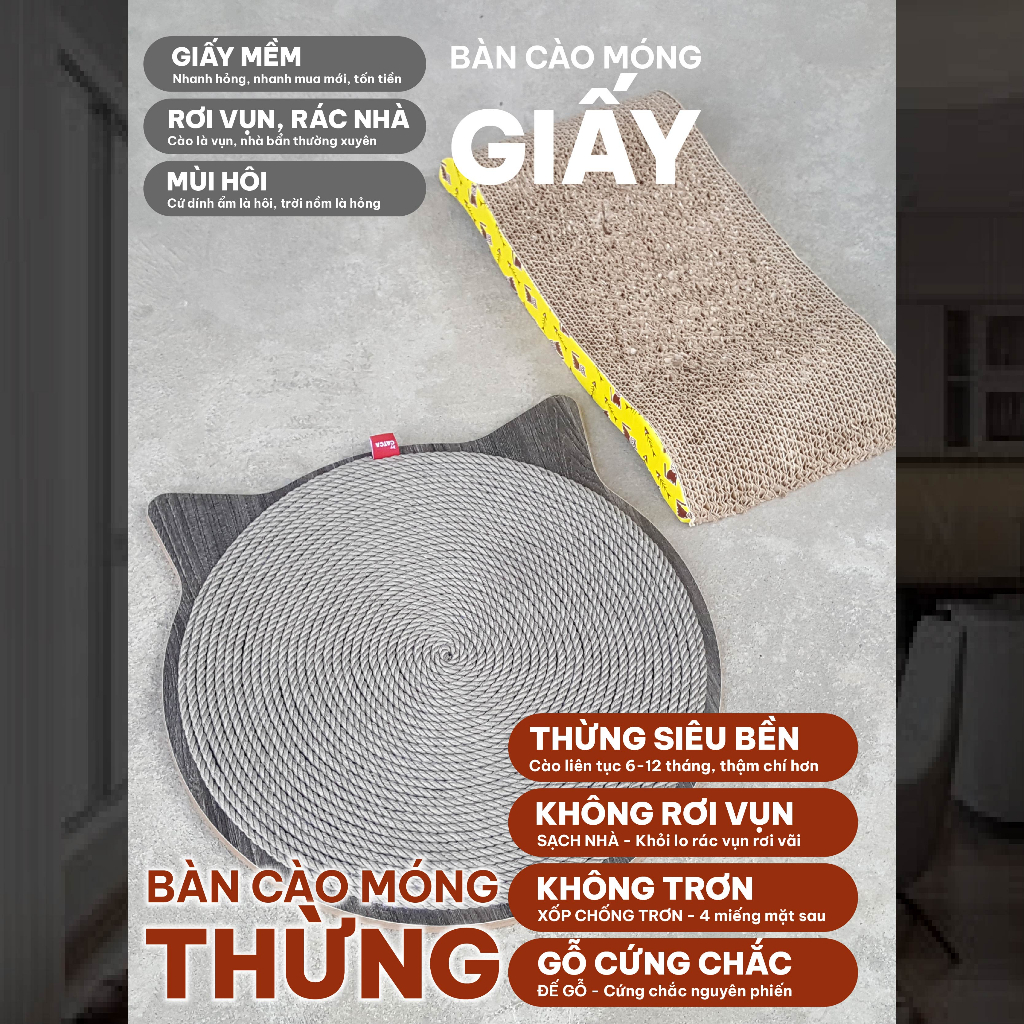 Bàn cào móng cho mèo thừng bền sạch nhà CATCA - BCM Mặt mèo tròn  39*39 cm