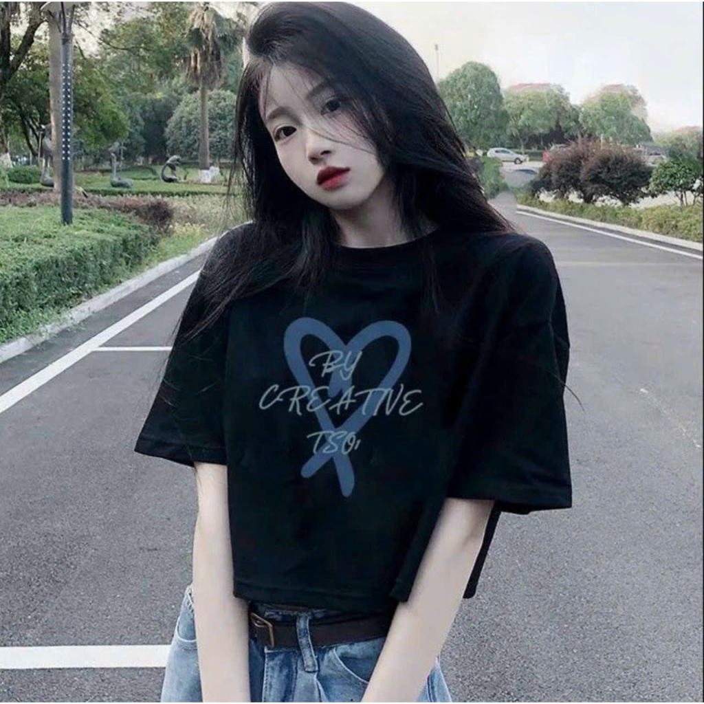 🍒🍒🍒áo croptop nữ fom rộng in hình trái tim xanh dương utrbr