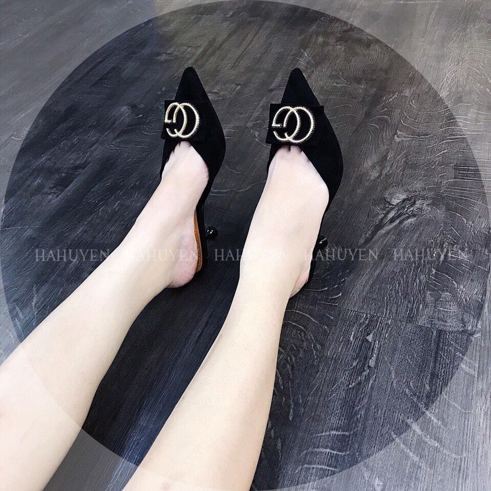Dép sục cao gót mũi nhọn da lộn GC gót nhọn 5cm