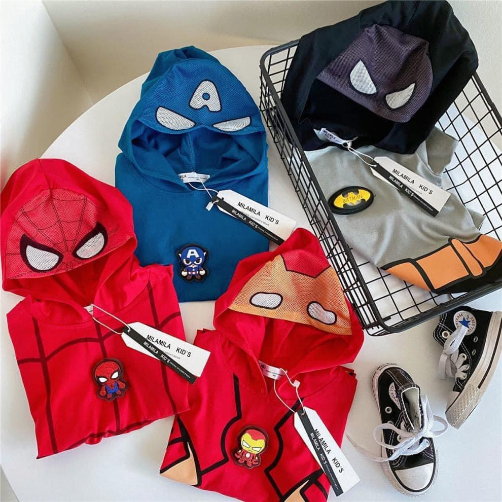 Set 2 áo nhện avenger có mũ chất cotton cộc tay cho bé trai
